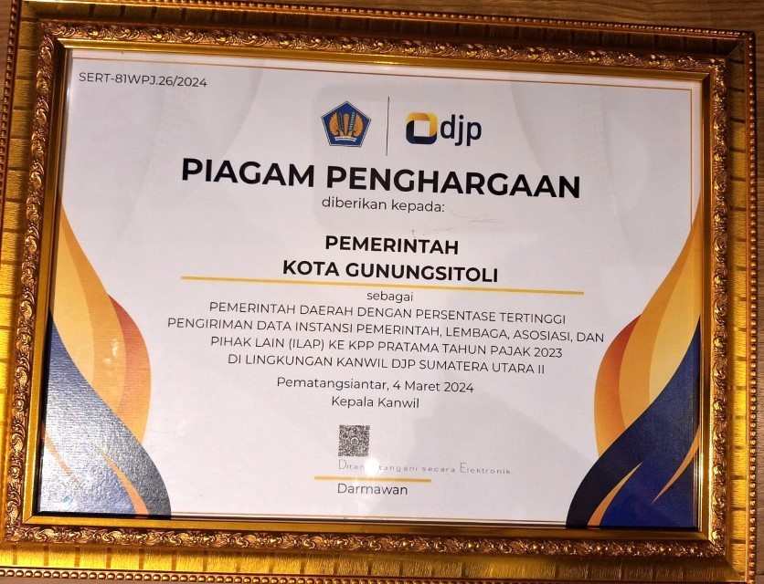 Pemko Gunungsitoli Raih Penghargaan DJP TAhun 2023 Dari Kanwil DJP Sumatera II